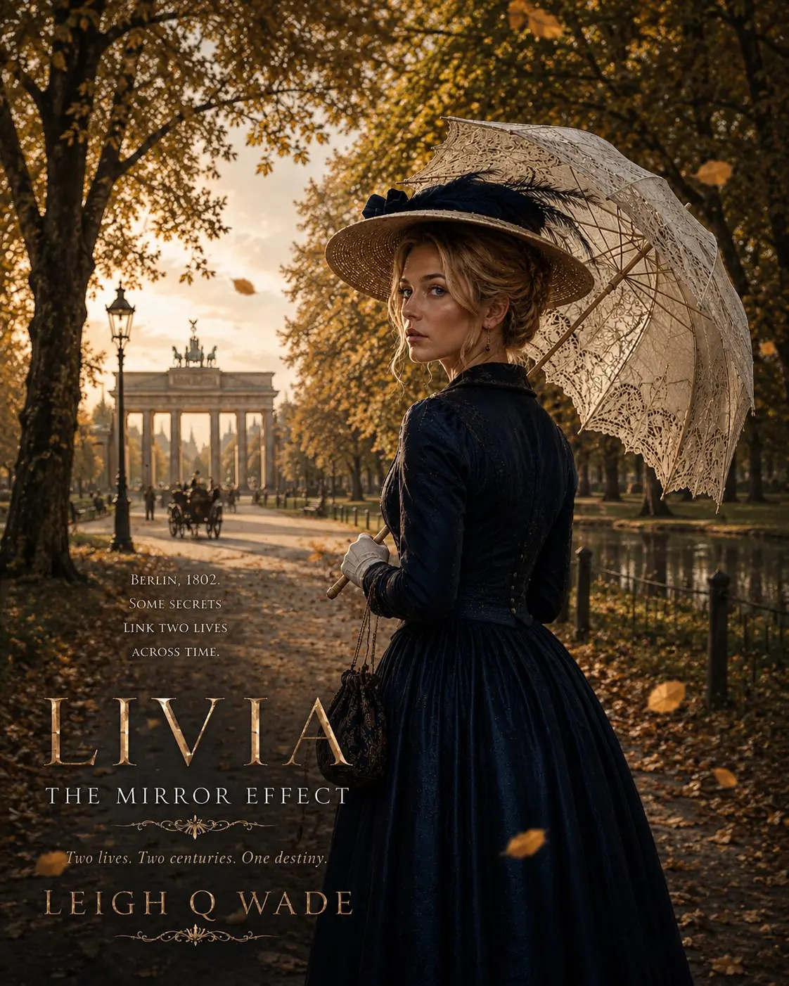 Livia observing the neoclassical Brandenburg Gate and the tree-lined Tiergarten avenues in Berlin circa 1803