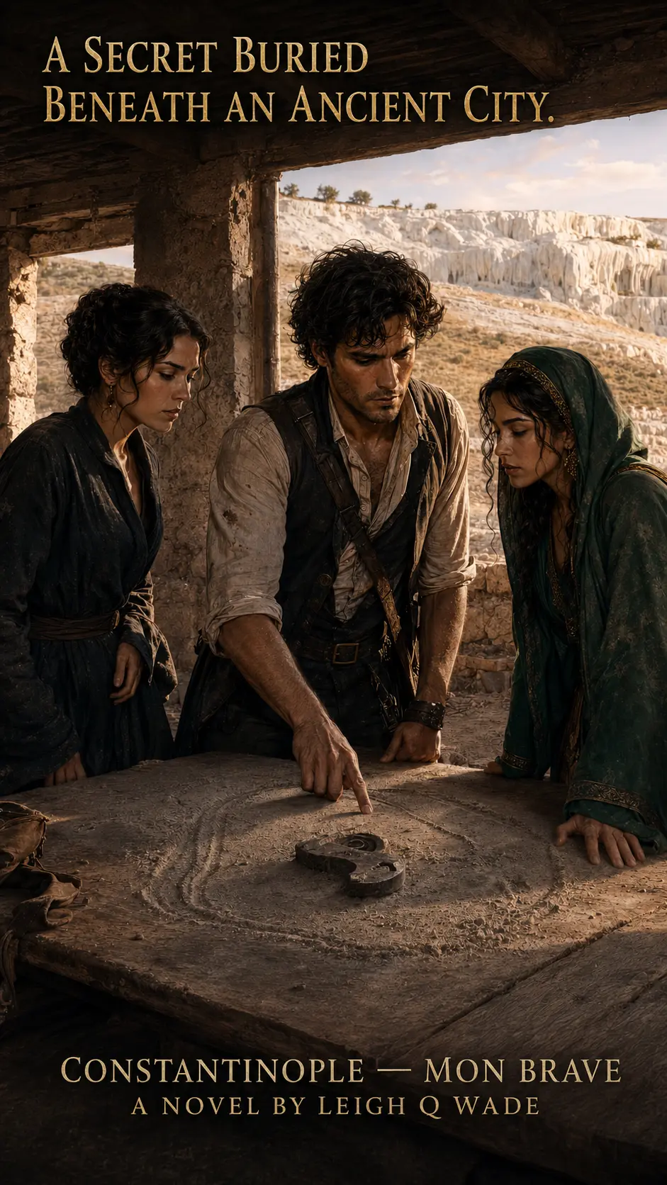 Matthieu, Alizée and Roxelana examining a secret map carved into stone