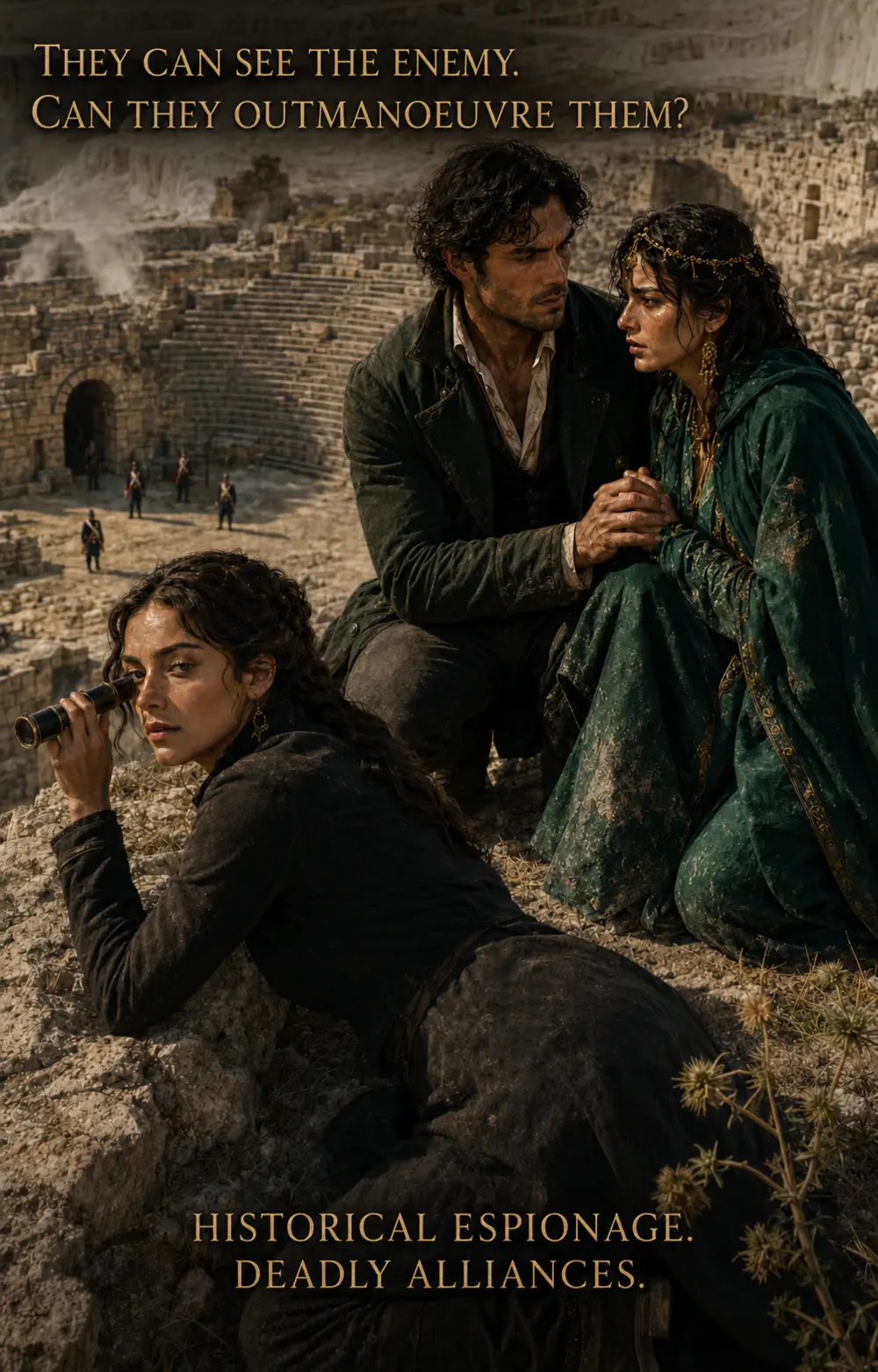 Matthieu, Alizée and Roxelana observing enemy forces above an ancient city