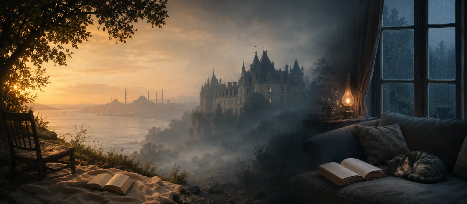 An open book beside a sunlit shore blending through a misty château into a cosy sofa by a rain-streaked window